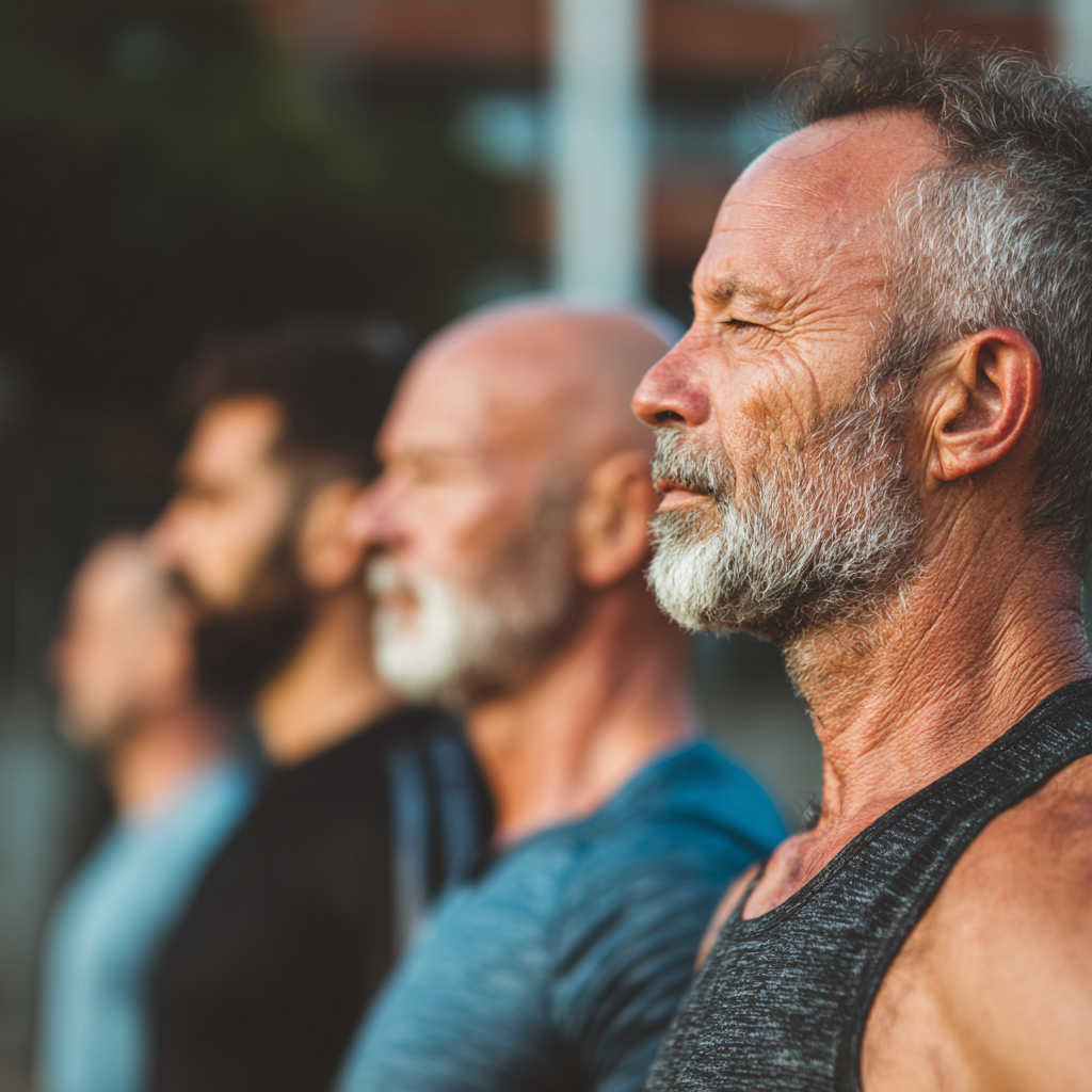 Group of middle-aged adults supporting each other during outdoor fitness activities