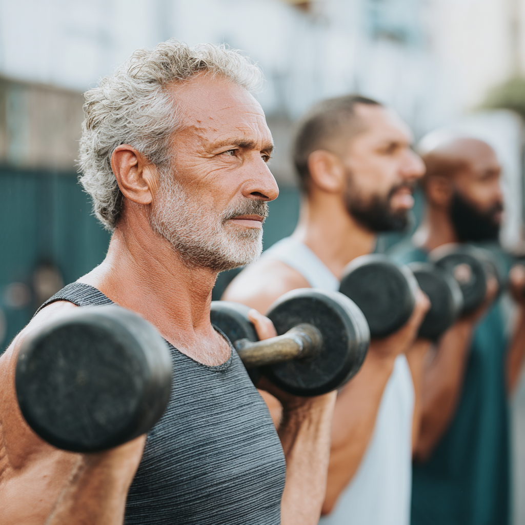 Middle-aged adults engaging in functional strength training outdoors